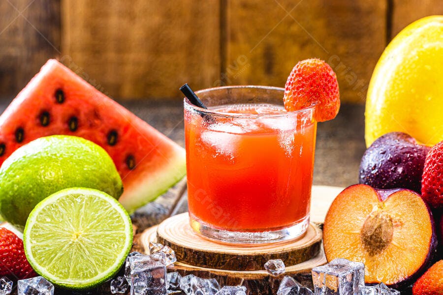 Coquetel de frutas vermelhas com limão e melancia fresco sobre madeira