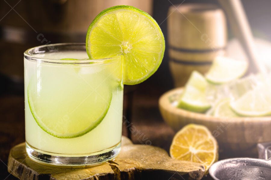 Caipirinha refrescante em copo de vidro com limão fresco sobre madeira rústica