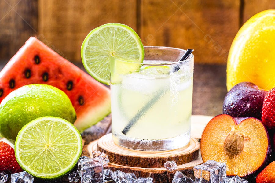 Coquetel refrescante de limão com frutas vibrantes e gelo na madeira rústica