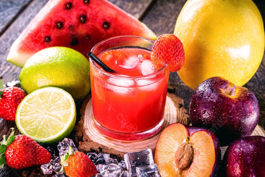 Drink vermelho com morango e frutas frescas em mesa rústica