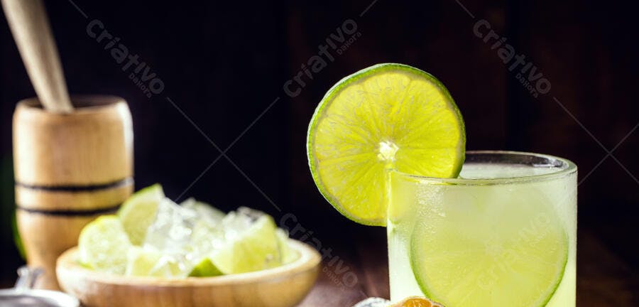 Caipirinha verde cítrica com gelo e limão em copo e fundo escuro de madeira