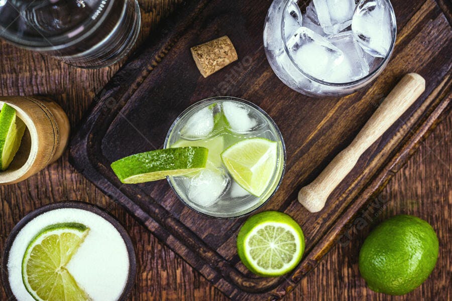 Caipirinha com limão taiti gelo açúcar e muddler em madeira rústica vista de cima