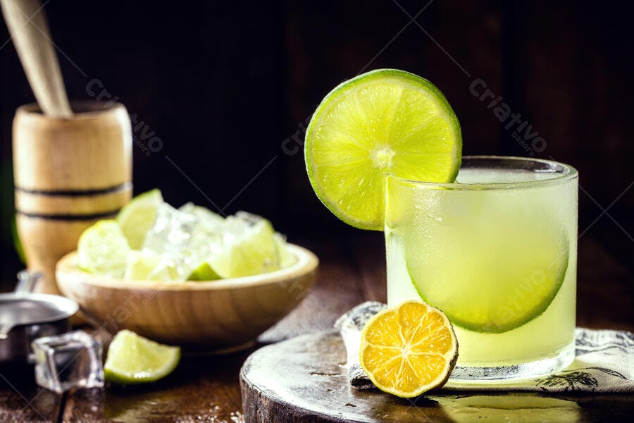 Caipirinha de limão verde com gelo em balcão de madeira rústico