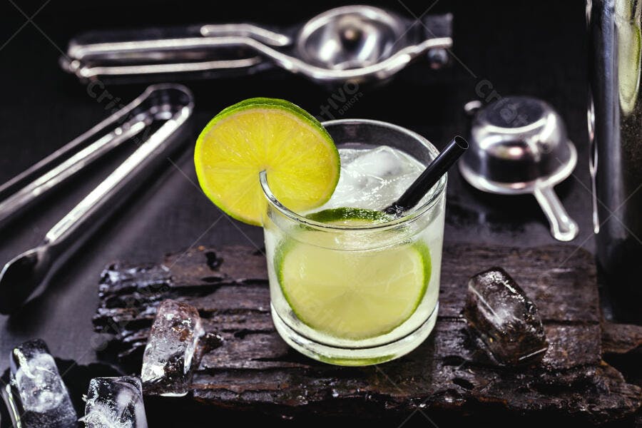Coquetel refrescante de limão e gelo em copo com utensílios de bar escuros