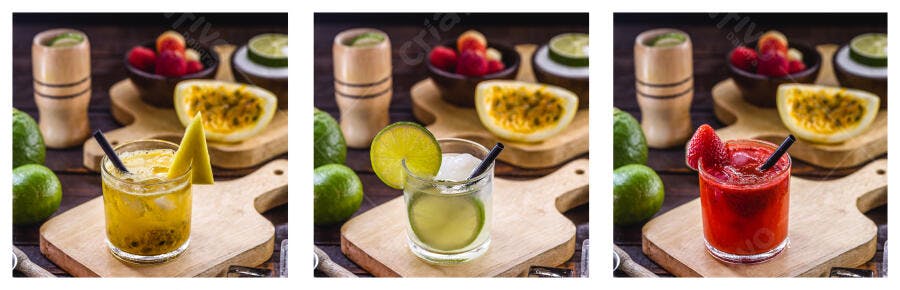 Bebidas frescas de frutas tropicais caipirinhas de maracujá limão e morango em tábua