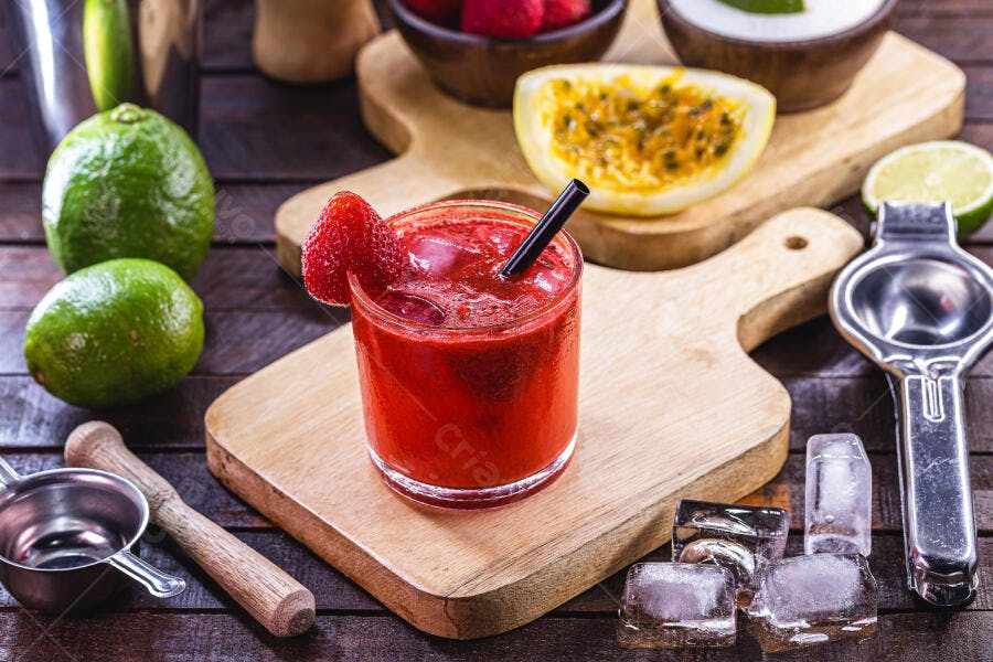 Bebida vermelha de morango com limão maracujá e gelo em tábua rústica