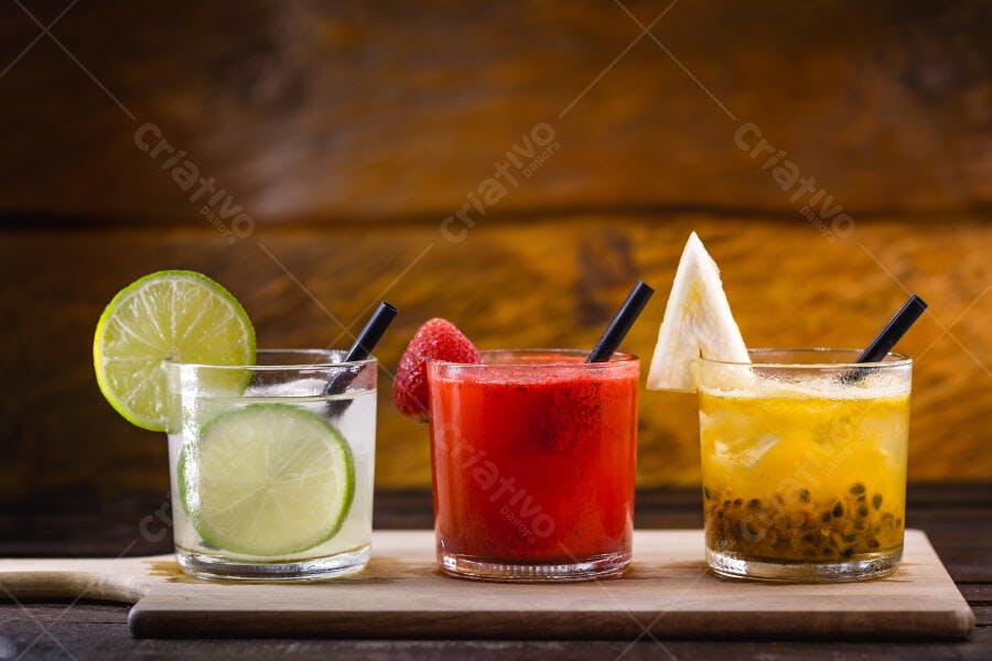 Três drinks refrescantes de frutas com morango limão e maracujá em copo