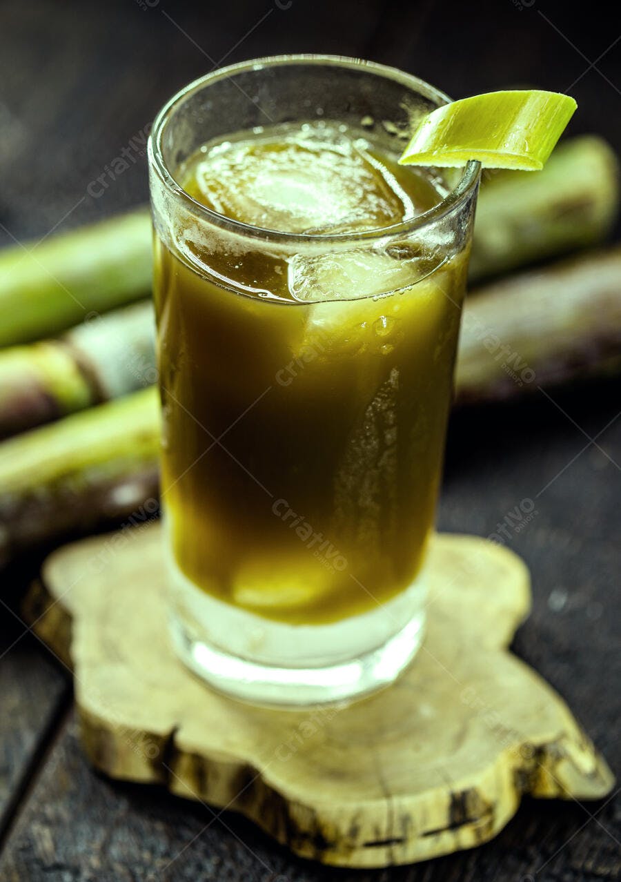 Suco de cana natural com gelo em copo sobre madeira e canas verdes