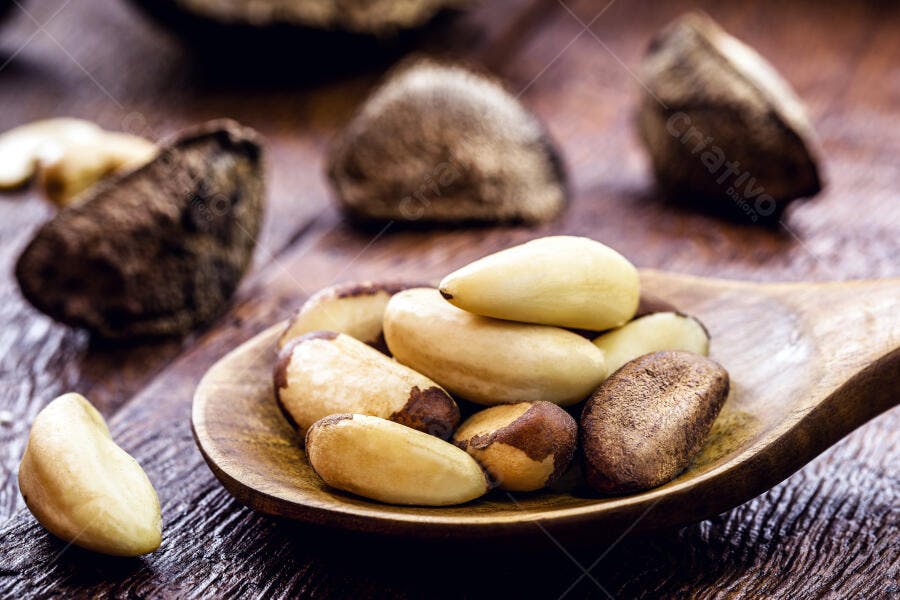 Castanhas-do-pará descascadas e com casca em colher de madeira sobre mesa rústica