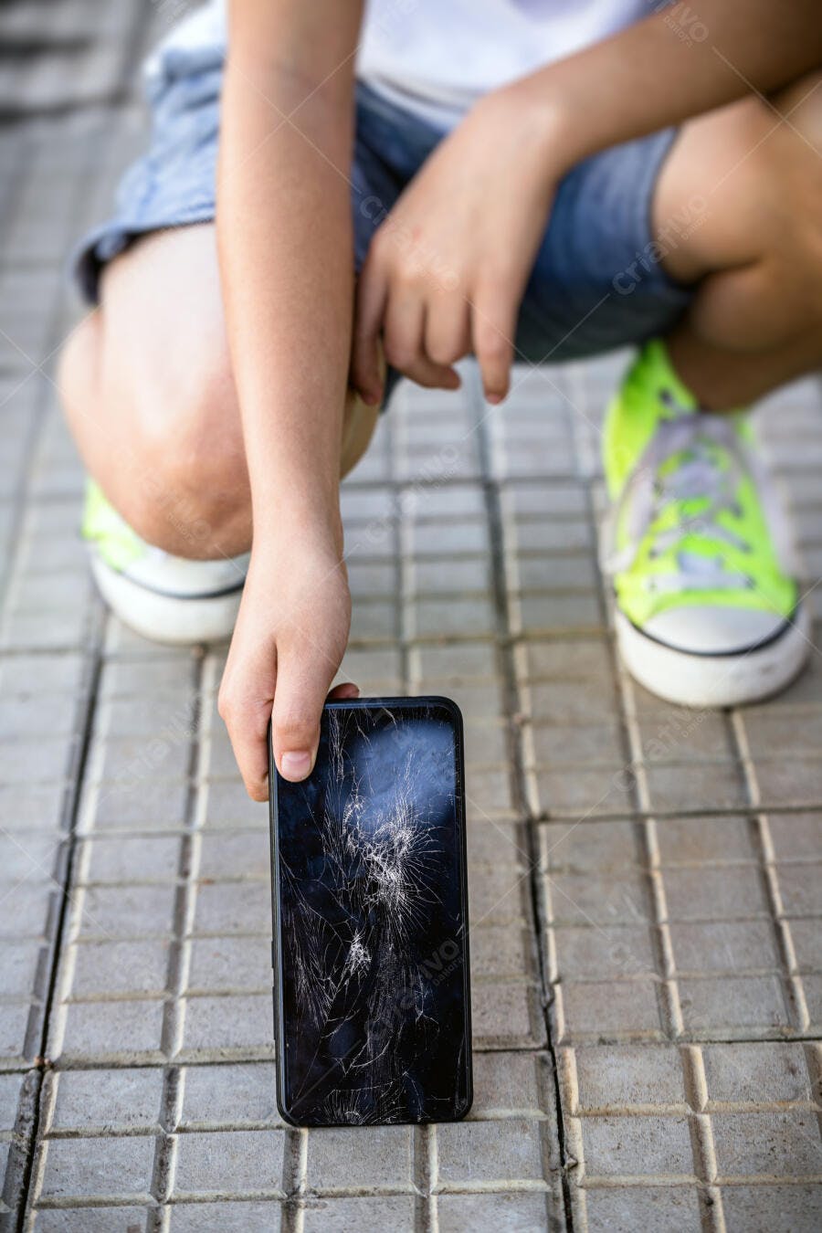 Criança segurando smartphone com tela quebrada no chão com tênis verde neon
