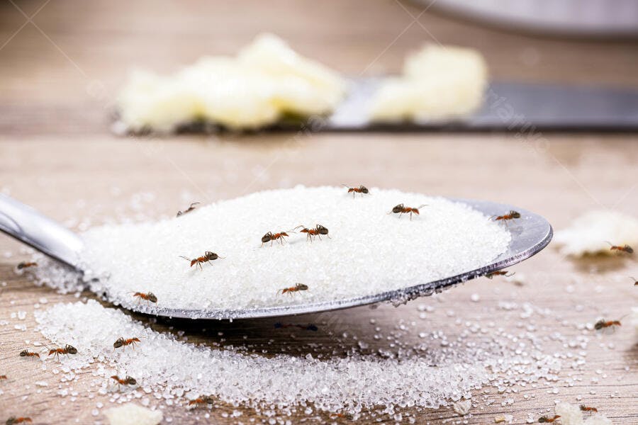 Formigas pequenas vermelhas invadindo colher de açúcar na mesa de madeira