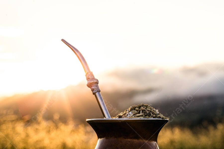 Cuia de chimarrão com erva-mate ao nascer do sol dourado