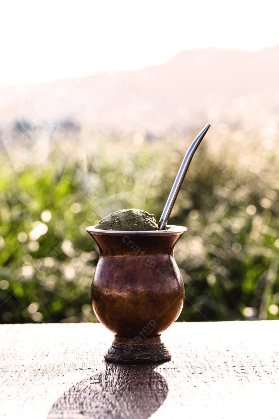 Chimarrão mate quente em cuia artesanal de cobre com vapor e natureza verde