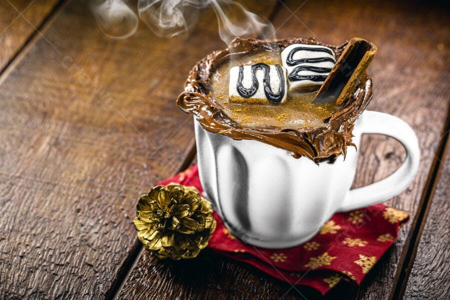 Chocolate quente cremoso com marshmallows e canela em caneca branca para o Natal