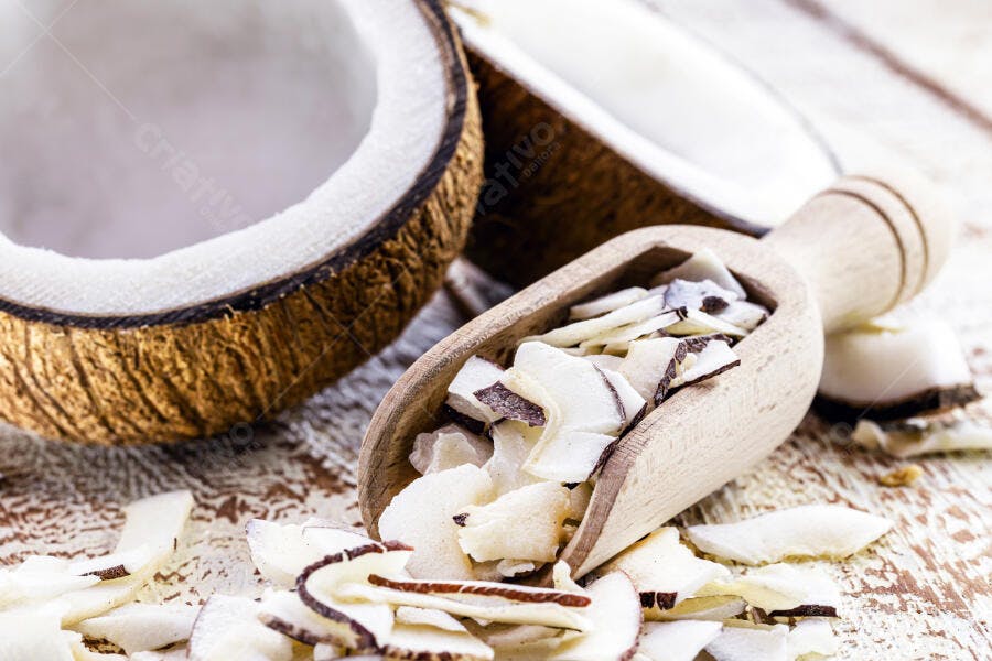 Flocos de coco crocantes em colher de madeira com coco fresco aberto