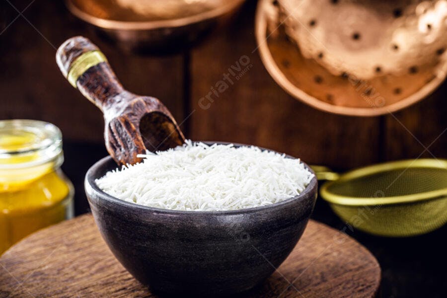 Arroz branco cru em tigela rústica com colher de madeira na cozinha