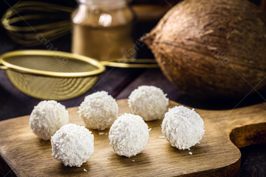 Doces de coco brancos sobre tábua de madeira rústica com coco e peneira dourada