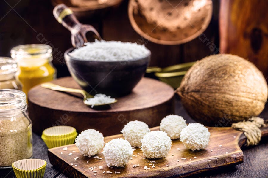 Beijinhos de coco frescos coco ralado ingredientes rústicos em mesa de madeira