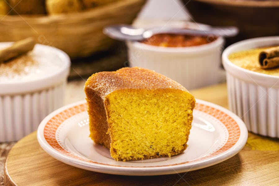 Fatia de bolo de fubá caseiro em louça com doces e canela