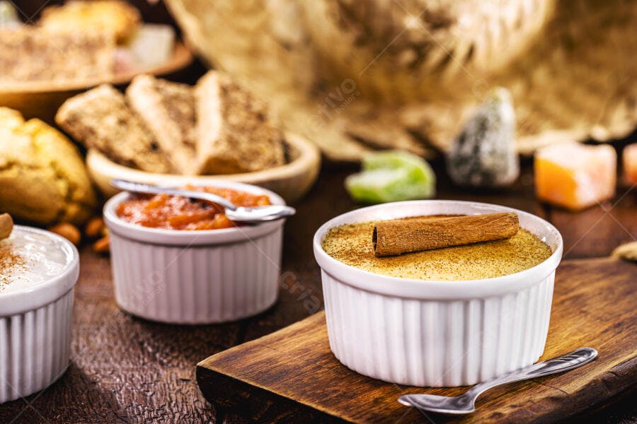 Canjica cremosa com canela e doce de abóbora em mesa rústica de Festa Junina
