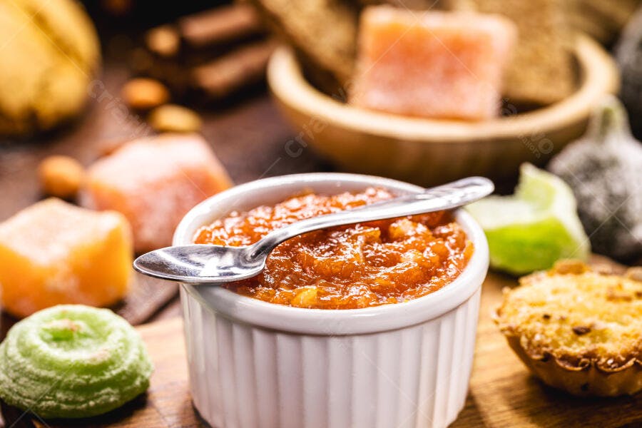Doce de abóbora caseiro em ramequim branco com tortinhas e frutas