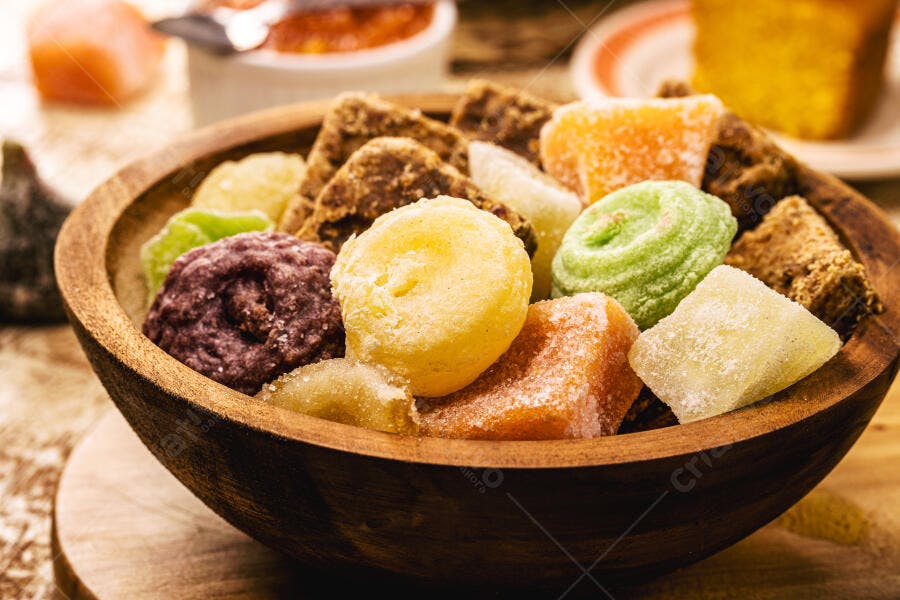 Doces brasileiros coloridos em tigela de madeira rústica