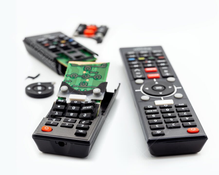 Controles remotos danificados e intacto em fundo branco