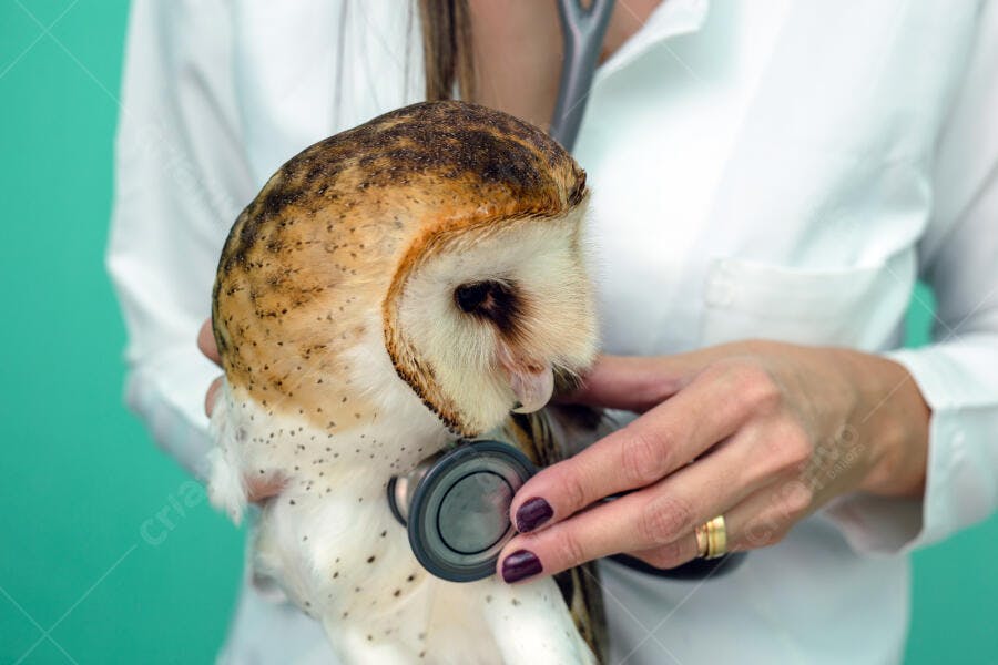 Coruja das torres sendo examinada por veterinária com estetoscópio em clínica verde