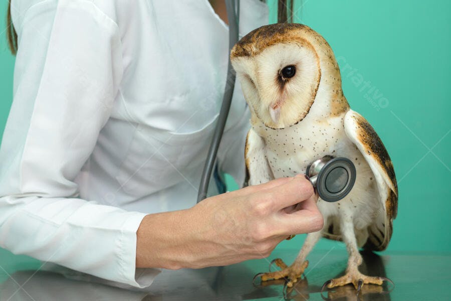 Coruja-das-torres sendo examinada por veterinária profissional com estetoscópio em fundo verde-azulado