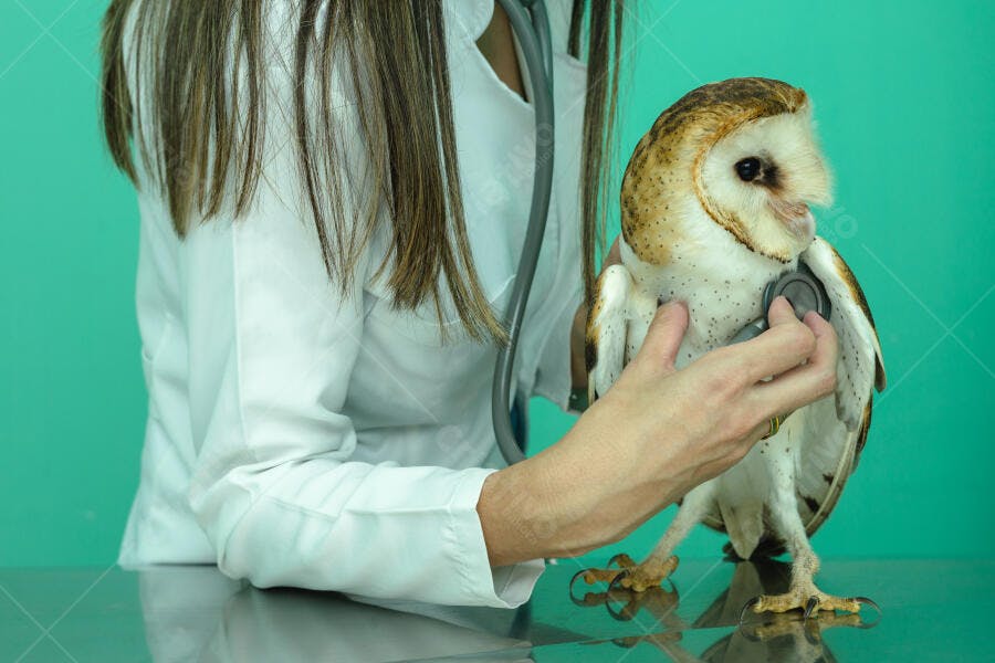 Veterinária examinando coruja-das-torres com estetoscópio em ambiente clínico verde-água