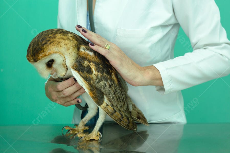 Coruja das Torres com plumagem marrom e creme examinada por veterinária em clínica verde