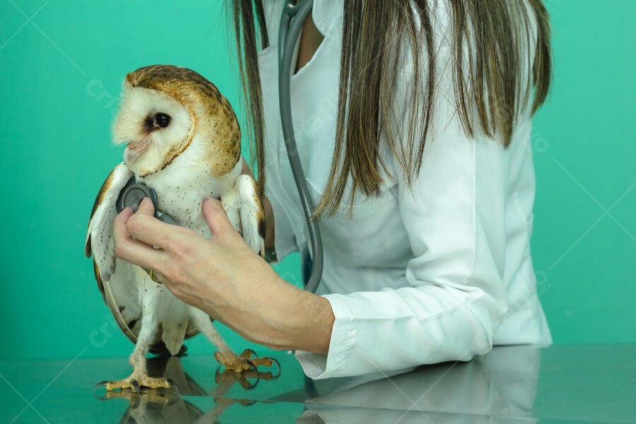 Coruja-das-torres sendo examinada por veterinária com estetoscópio em fundo verde