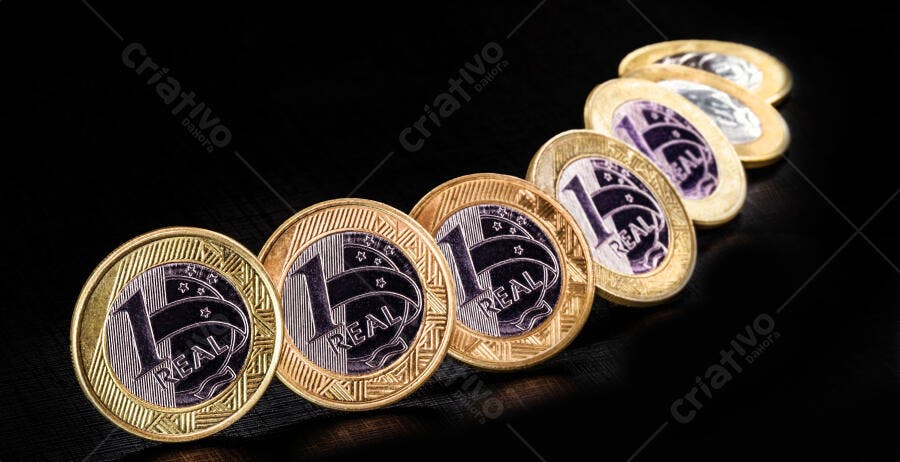 Moedas de 1 Real brasileiro alinhadas em fundo preto douradas e prateadas