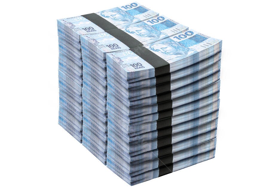 Pilhas de cédulas azuis de 100 Reais brasileiros para economia e riqueza