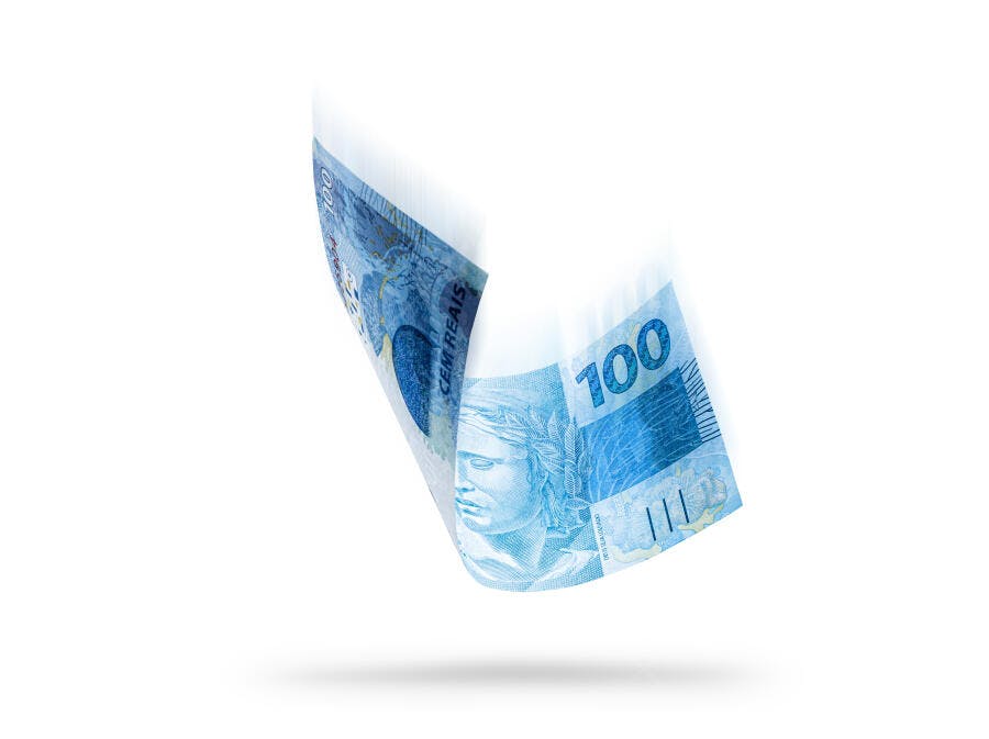 Cédula de 100 Reais brasileira flutuando com efeito de movimento em fundo branco