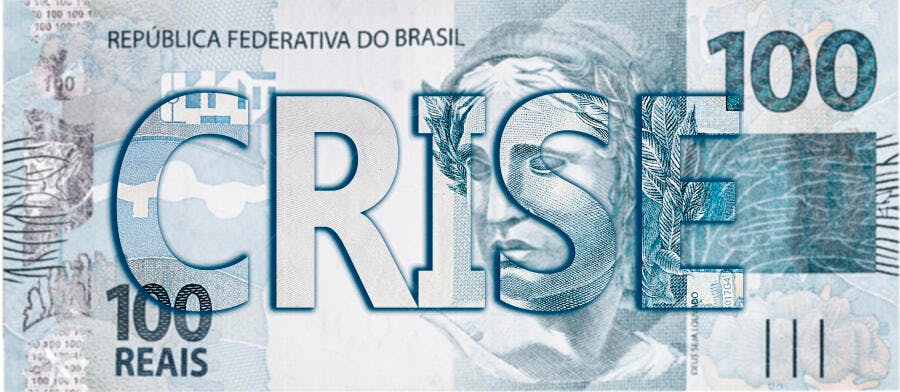 Cédula de 100 Reais com a palavra Crise em azul claro sobreposta