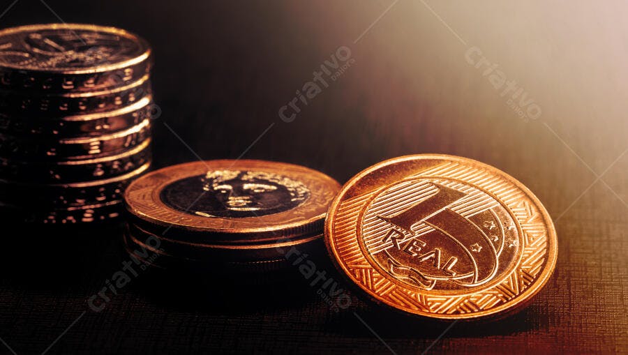 Moedas de um Real brasileiro em pilhas e espalhadas sobre superfície escura