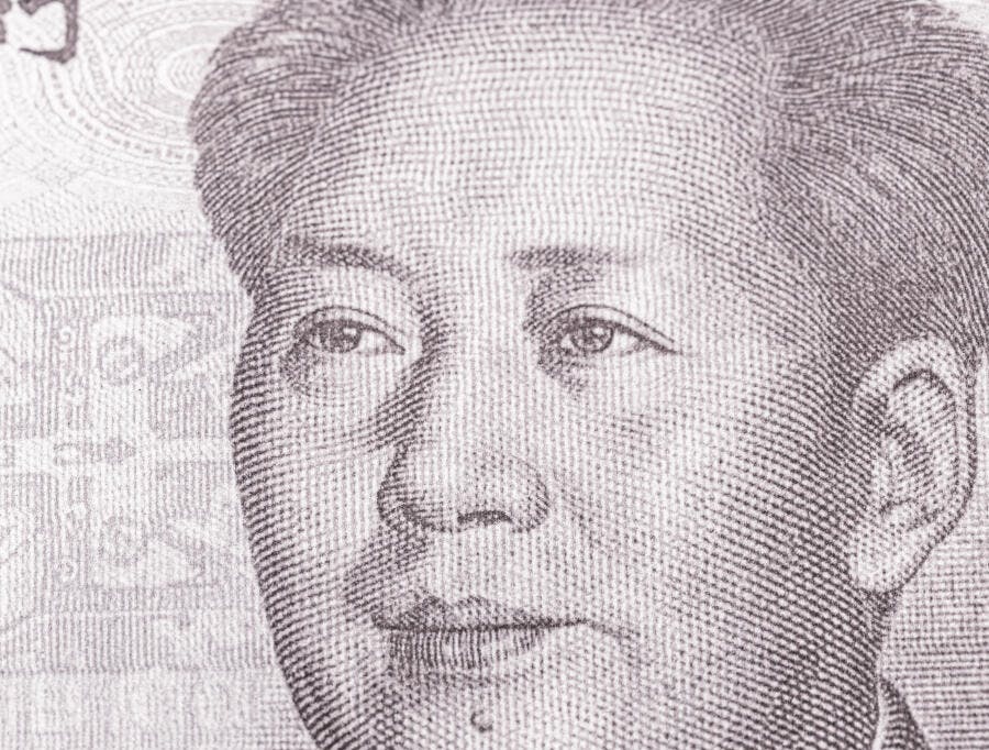 Retrato de Mao Zedong em nota de Yuan chinês cinza e preto