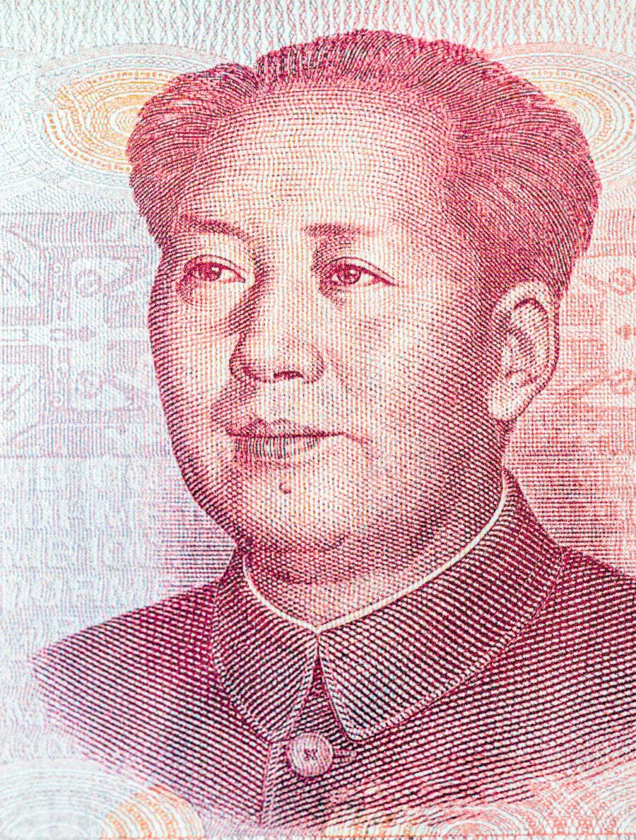 Retrato de Mao Zedong em nota de Yuan chinês com tons vermelhos