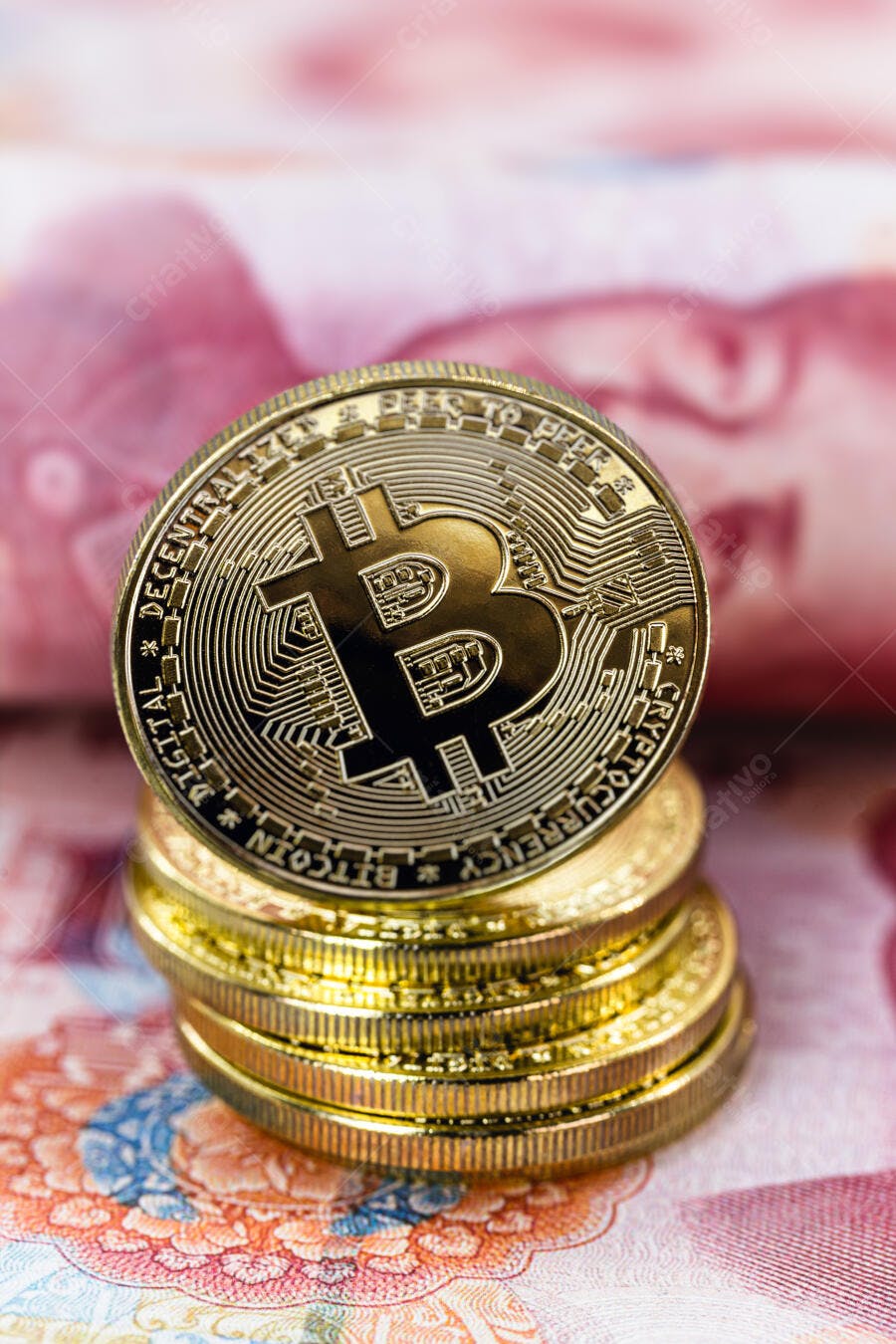 Moedas douradas de Bitcoin empilhadas sobre notas de yuan chinês