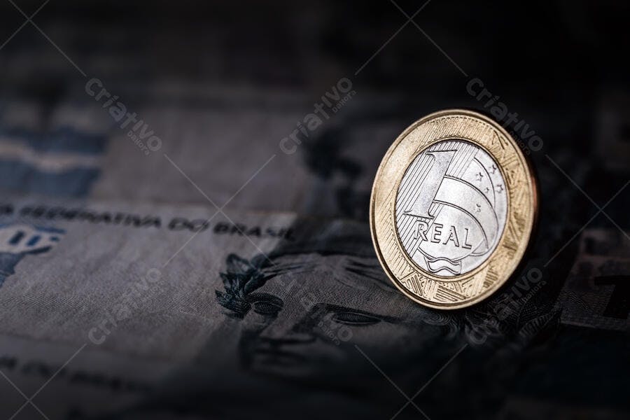 Moeda de 1 Real dourada e prateada sobre nota brasileira azul escura