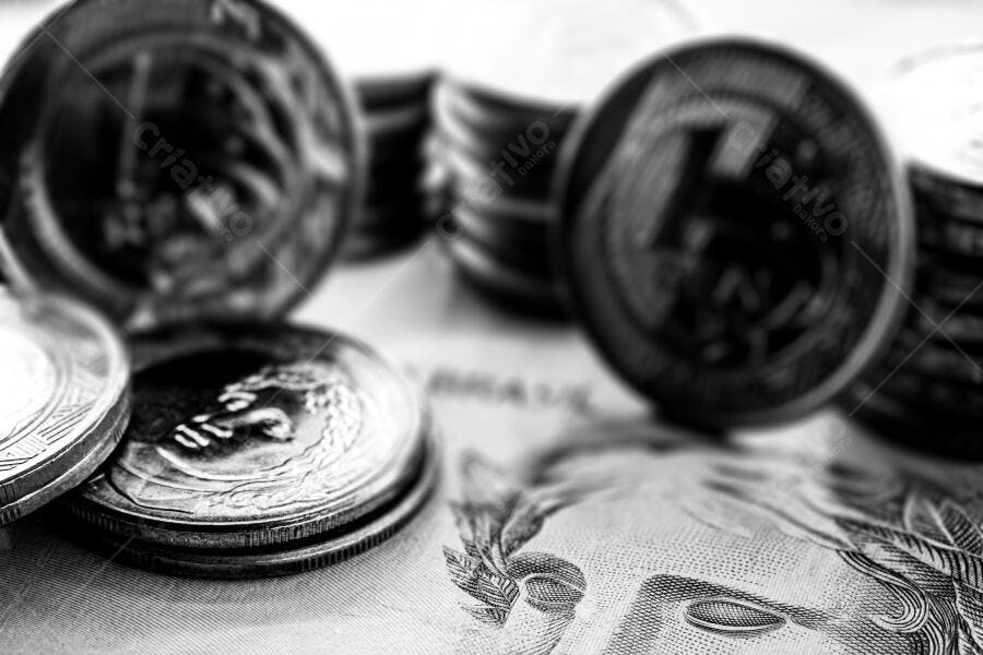 Moedas e notas de Real brasileiro em close-up preto e branco