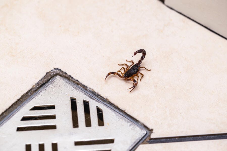 Escorpião marrom escuro em piso de cerâmica claro perto de ralo