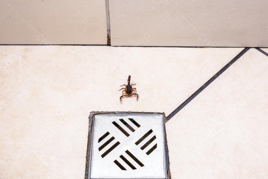 Escorpião marrom pequeno no piso de azulejo claro perto do ralo