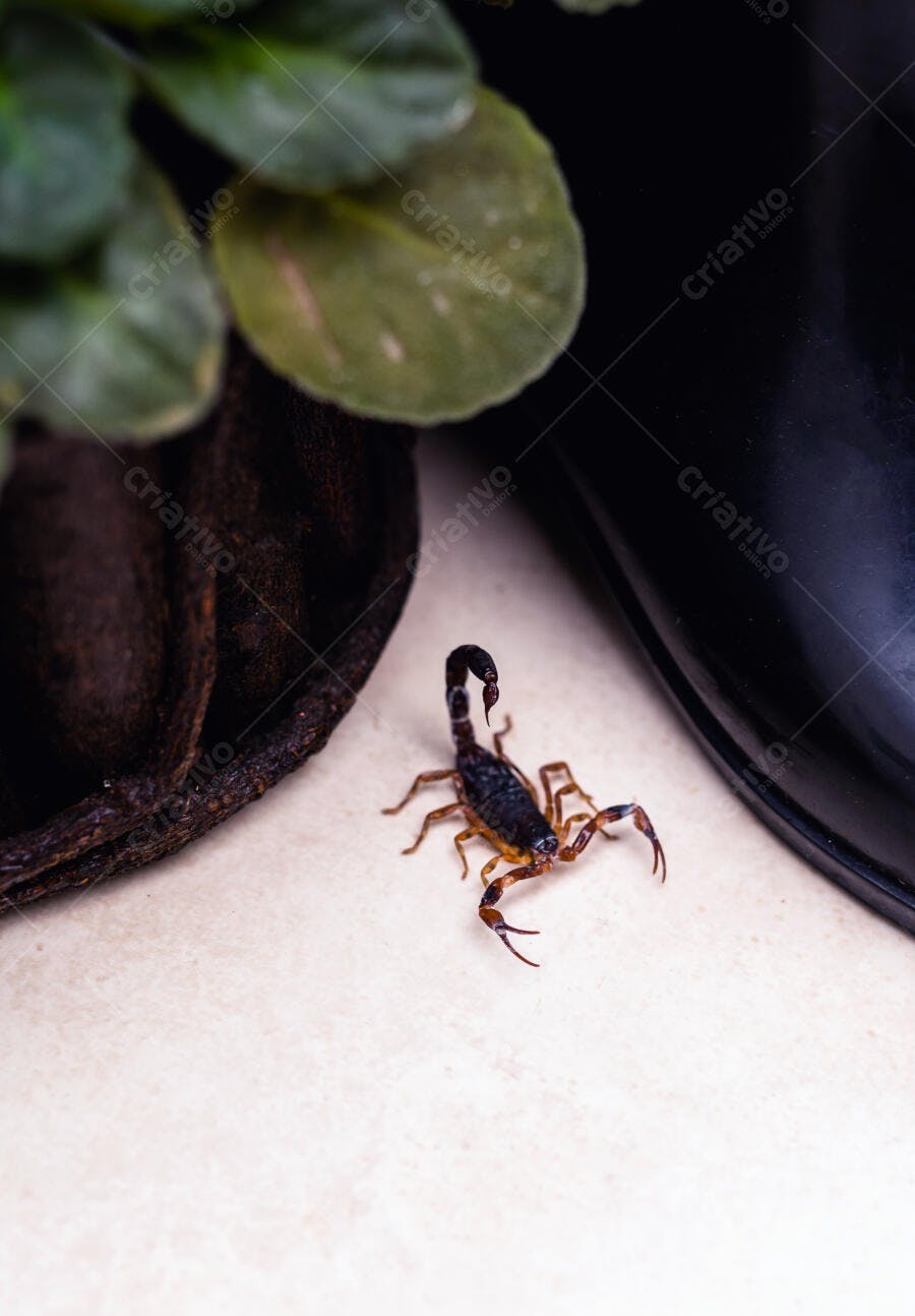 Escorpião marrom e laranja pequeno em piso claro perto de planta verde escura