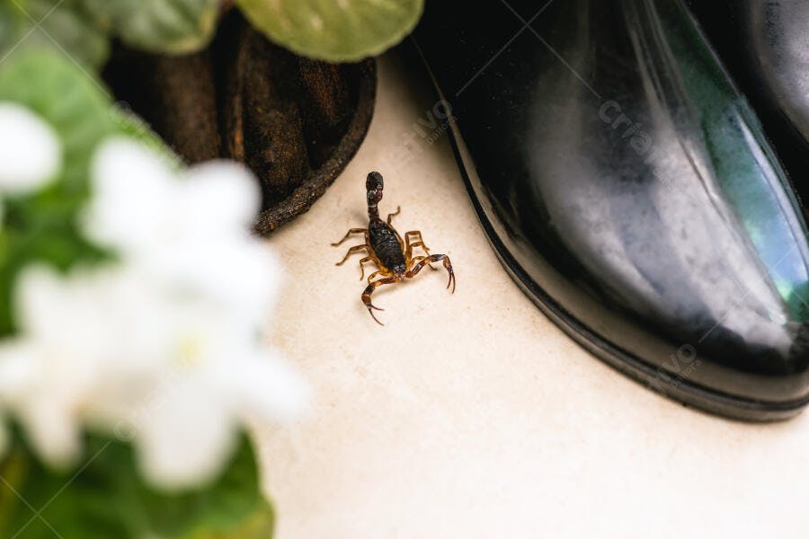 Escorpião pequeno marrom escuro em piso claro perto de sapato e planta verde