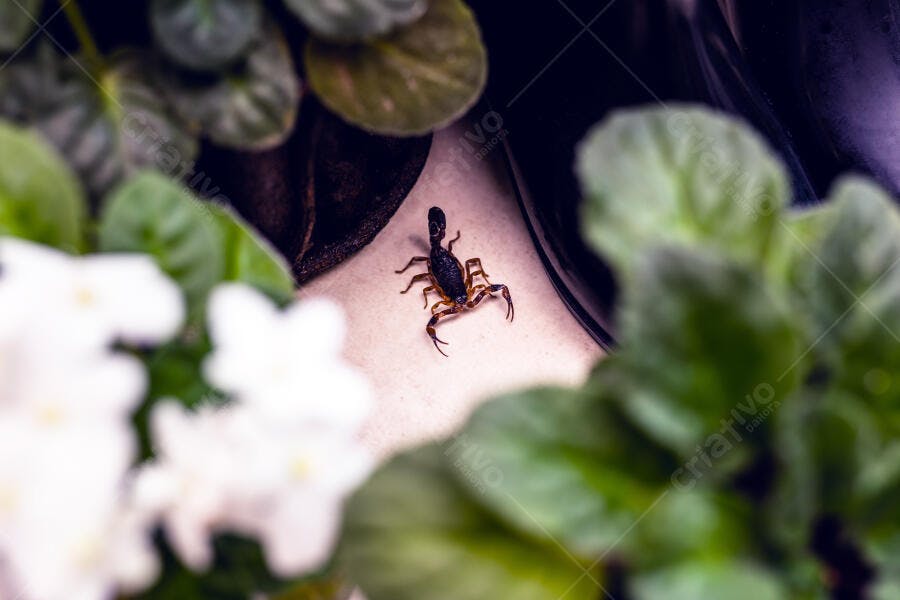 Escorpião marrom em piso claro cercado por plantas verdes