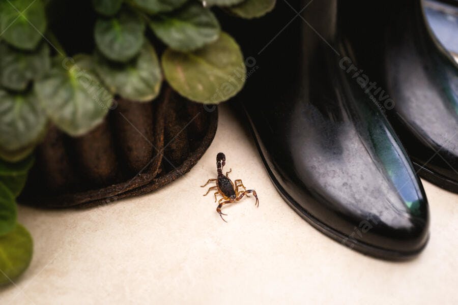 Escorpião marrom e preto no piso claro ao lado de vaso de planta e bota