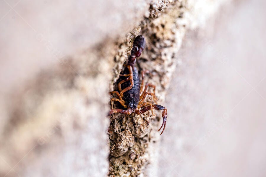 Escorpião marrom escuro saindo de fresta em parede de concreto