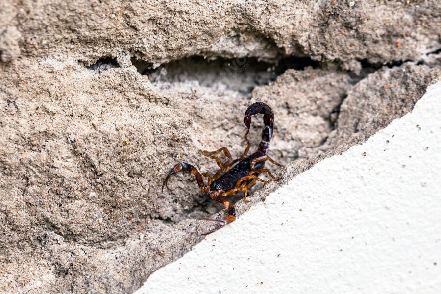 Escorpião marrom e preto em muro de concreto cinza com rachaduras